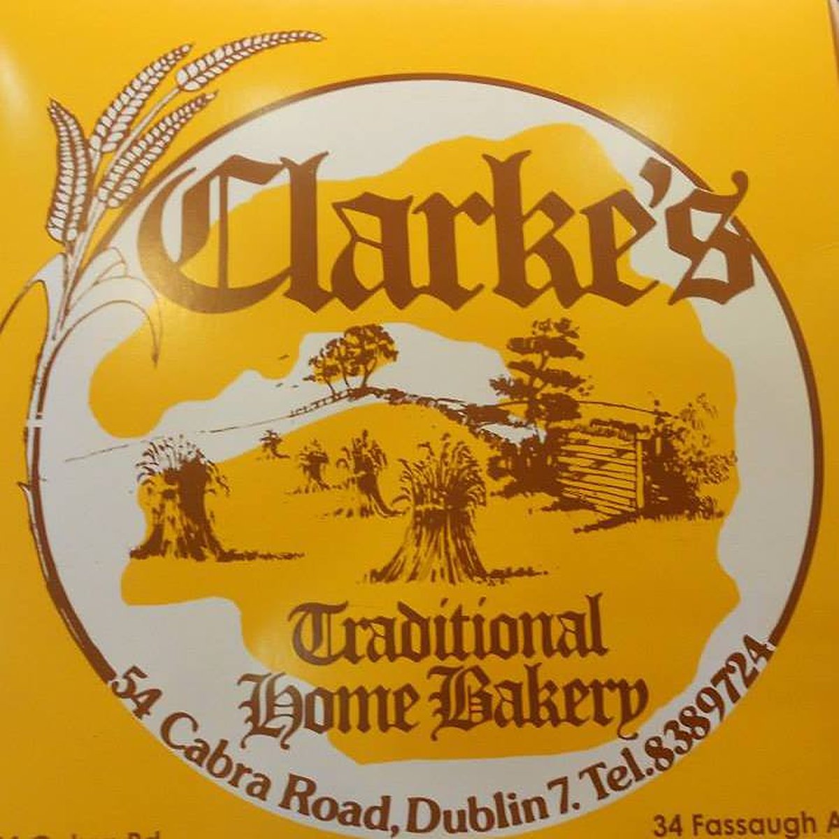 Clarke's own paper bakery bag, printed with wheat sheaves and 'Clarke's Traditional Home Bakery, 54 Cabra Road, Dublin 7'